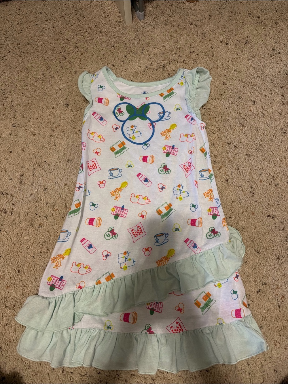 Disney Light Green Ruffle Nightgown with Colorful Snack Print 5/6